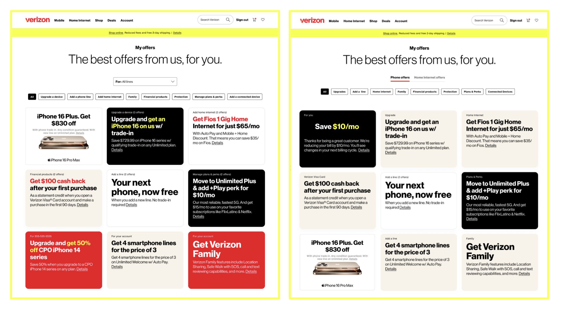 Two versions of the My Offers page side by side. Before, on the left: a For All lines dropdown, a long row of filter chips, and a grid of offer tiles in mixed white, black and bright red with competing headline colors. After, on the right: Phone offers and Home internet offers tabs, shorter filter labels, a personalized Save $10 a month tile first, and a calmer grid of mostly neutral tiles with consistent headline color.