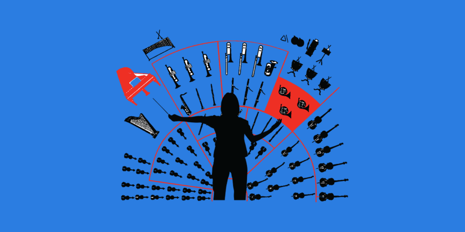 Illustration of a conductor's silhouette facing an orchestra seating chart made of instrument icons, with the piano and French horn sections highlighted in red.