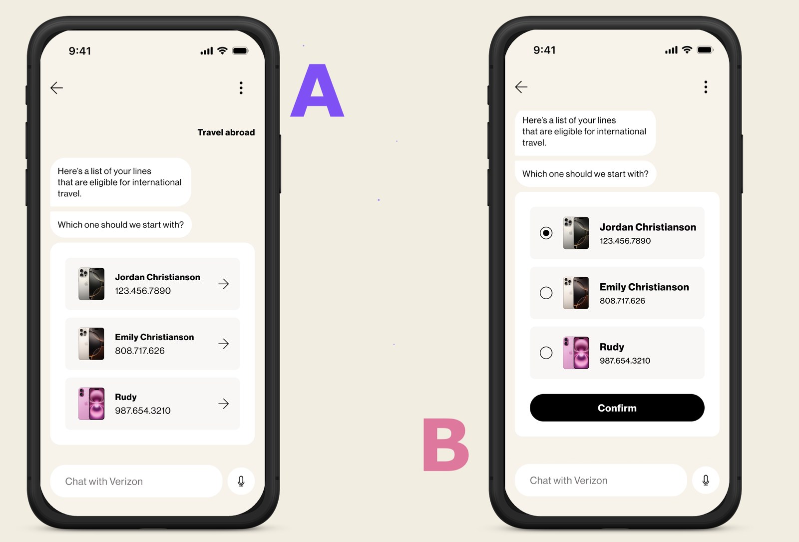 Two Verizon Assistant chat screens, labeled A and B, asking which line eligible for international travel to start with. A: each line is a row with a device image, the line owner's name, the phone number and an arrow, so one tap selects it. B: the same rows with radio buttons, the first line selected, and a Confirm button below.